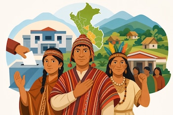 Tres personas con vestimenta tradicional indígena peruana están frente a una urna electoral, un mapa de Perú y un paisaje rural.