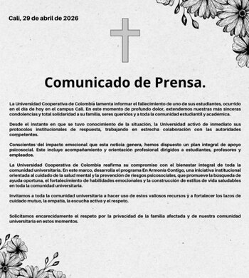 La Universidad Cooperativa de Colombia activó protocolos institucionales de apoyo psicosocial tras el trágico incidente en Cali - crédito Universidad Cooperativa/Instagram