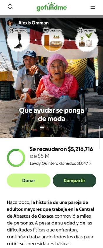 Captura de pantalla de la plataforma GoFundMe, mostrando a un hombre mayor empujando a una mujer mayor en silla de ruedas, con objetivos de donación