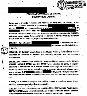 Documento impreso con el título Promesa de contrato de trabajo, con membrete notarial, varias secciones de texto y campos tachados en negro