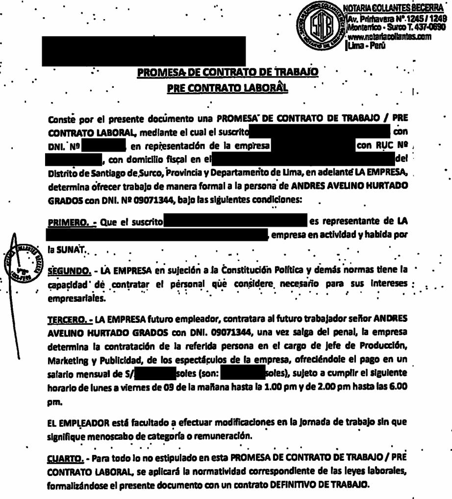 Un documento notarial firmado en Lima formaliza una promesa de contrato de trabajo a favor de Andrés Avelino Hurtado Grados para cuando salga del penal.