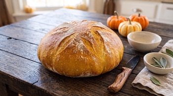Un pan redondo, un cuchillo con mango de madera, calabazas de adorno y cuencos de cerámica sobre una mesa de madera.