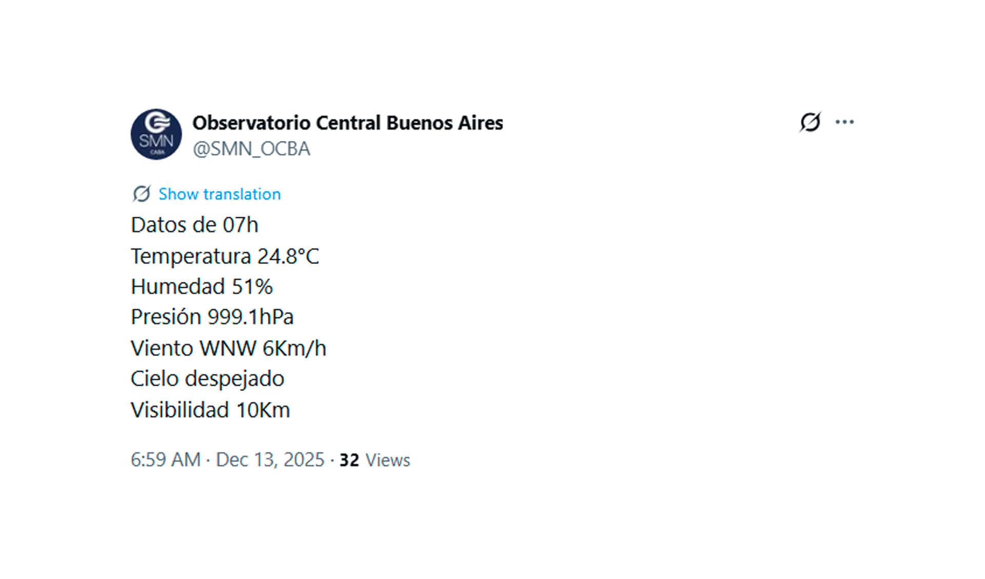 Los valores de este sábado a las 7 (@SMN_OCBA)