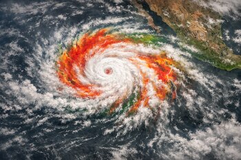 Una vista satelital muestra una tormenta tropical giratoria con nubes blancas, rojas y verdes, y rayos, cerca de una costa continental.