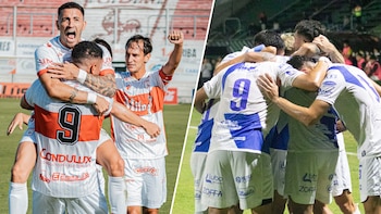 Imagen dividida. Izquierda: jugadores de Deportivo Morón en blanco y naranja celebran. Derecha: jugadores de Ferrocarril Midland en blanco y azul se abrazan