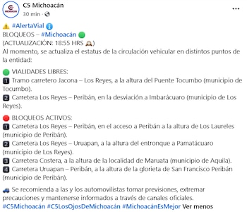 Actualización el estado de los bloqueos en Michoacán. Crédito: C5 Michoacán