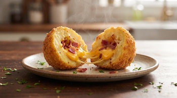 Una bola de papa frita dividida a la mitad con queso fundido y trozos de panceta en un plato sobre una mesa de madera.