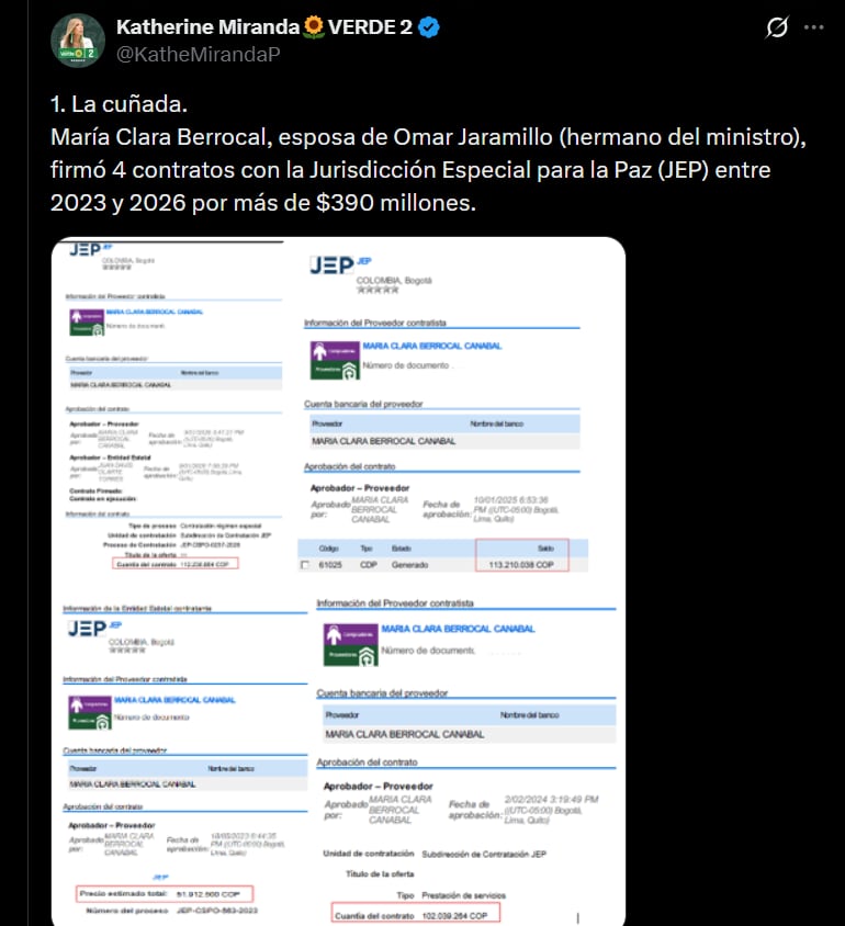 Katherine Miranda mencionó a María Clara Berrocal, esposa de Omar Jaramillo, hermano del ministro de Salud - crédito @KatheMirandaP/X