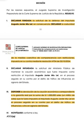 PJ levanta todas las restricciones a Javier Miu Lei