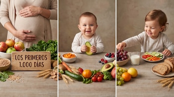 Una mujer embarazada, un bebé con un aguacate y un niño pequeño con frutas, verduras, pan y leche se presentan en tres paneles.