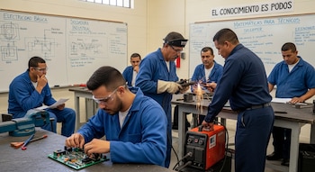 Seis hombres latinos en un taller técnico. Algunos sueldan metal con chispas, otro trabaja en una placa de circuito. Todos llevan overoles azules y gafas de seguridad.