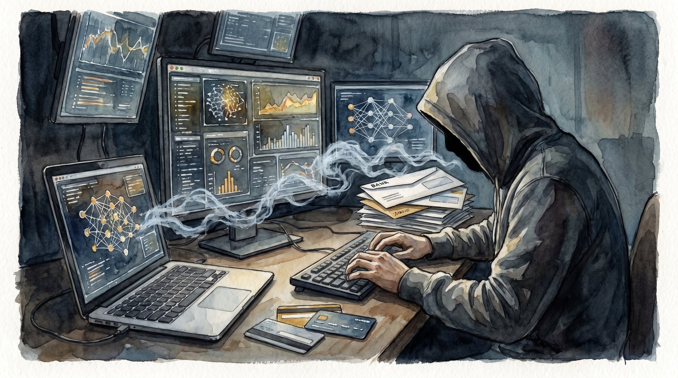 Un estafador encapuchado utiliza múltiples pantallas que muestran datos complejos y redes neuronales, simbolizando el uso de inteligencia artificial en la creación de fraudes bancarios modernos que son difíciles de detectar. (Imagen Ilustrativa Infobae)