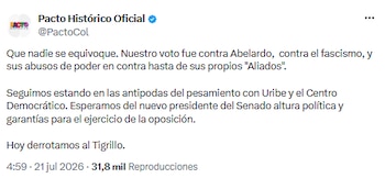 Pacto Histórico prometió oposición activa y defensa de derechos tras la elección en el Congreso - crédito @PactoCol/X