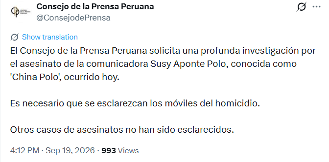 El Consejo de la Prensa Peruana solicita investigar el asesinato de la comunicadora Susy Aponte Polo en Caraz, Áncash, y pide esclarecer los móviles del crimen. (Captura: X / Consejo de la Prensa Peruana)