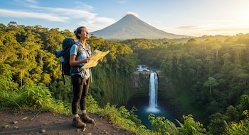 Mujer con mochila y mapa en un sendero, admirando el Volcán Arenal y una cascada en medio de la densa selva tropical bajo un cielo azul y dorado.