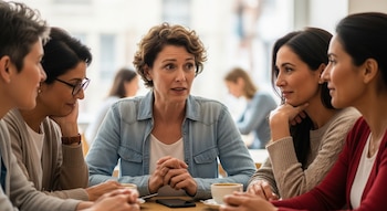 Cinco mujeres adultas sentadas alrededor de una mesa, con tazas, platillos y un teléfono móvil sobre la superficie.