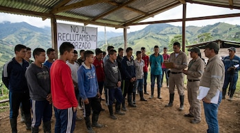 Un grupo de jóvenes y adultos se congrega bajo un techo de zinc en un entorno rural con montañas verdes. Un cartel blanco dice 'NO AL RECLUTAMIENTO FORZADO'.