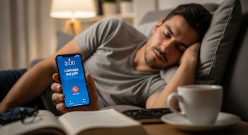 Un hombre duerme en un sofá, sosteniendo un teléfono móvil que muestra una llamada entrante con el texto 'Llamada del jefe'. Cerca hay un libro, gafas y una taza.