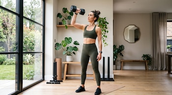 Mujer con ropa deportiva verde levanta una mancuerna negra con un brazo en una habitación iluminada con plantas de interior.