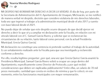 Comunicado de Yesenia Mendez. (Facebook)