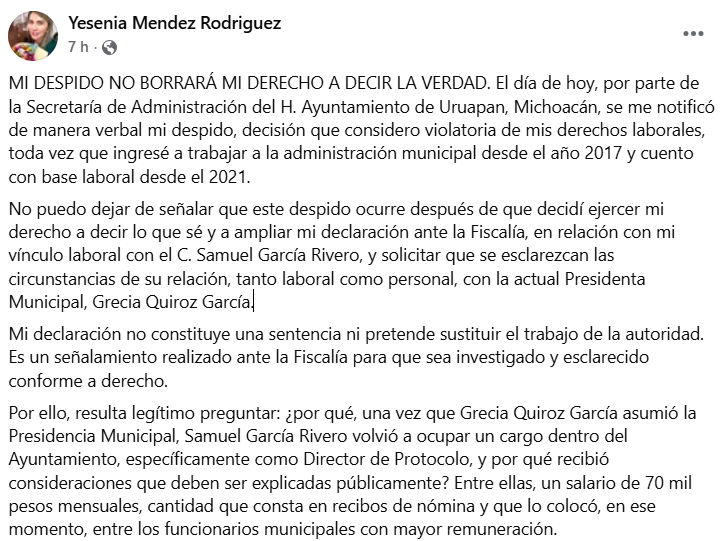 Comunicado de Yesenia Mendez. (Facebook)