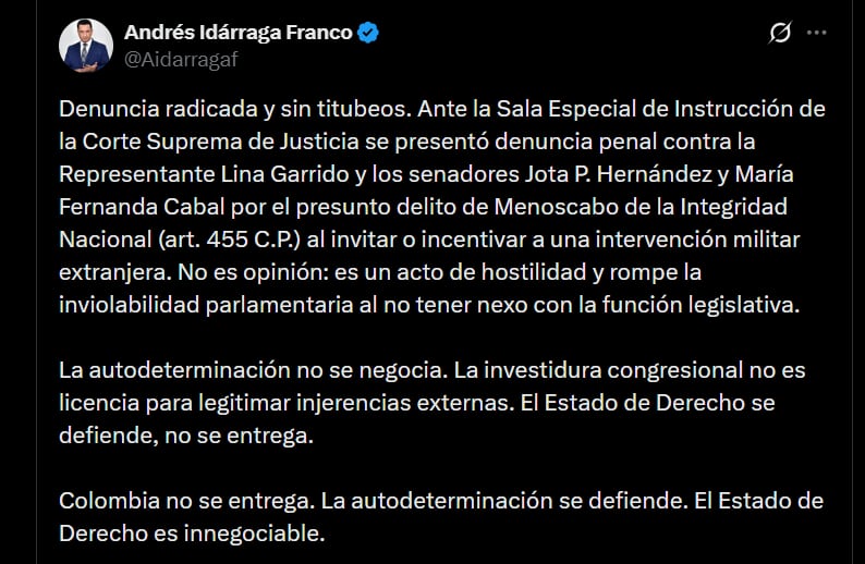 Andrés Idárraga, ministro de Justicia confirmó que la denuncia fue radicada- crédito @Aidarragaf/X
