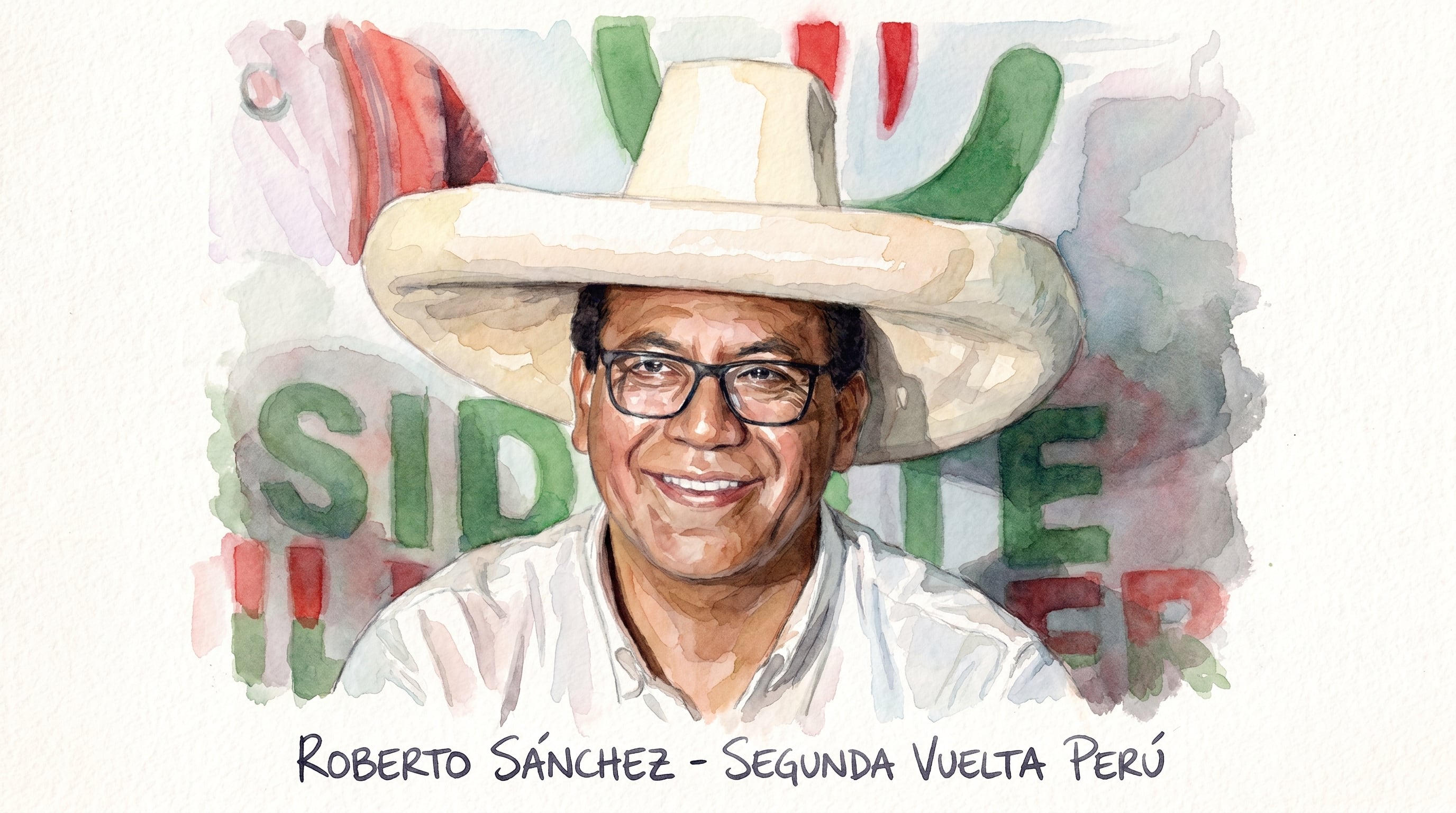 Ilustración en acuarela del candidato peruano Roberto Sánchez, sonriendo y usando un sombrero tradicional, mientras se prepara para la segunda vuelta de las elecciones presidenciales. (Imagen Ilustrativa Infobae)