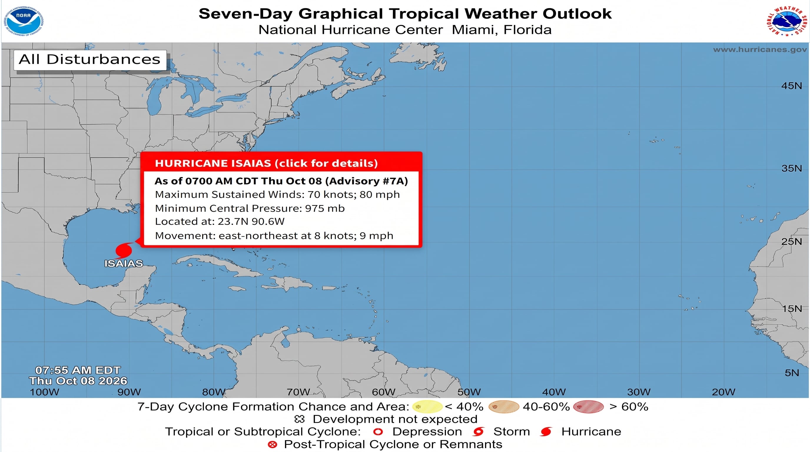 La alerta por marejada ciclónica del huracán Isaias abarca desde la desembocadura del río Misisipi hasta el río Steinhatchee en Florida. (NHC)