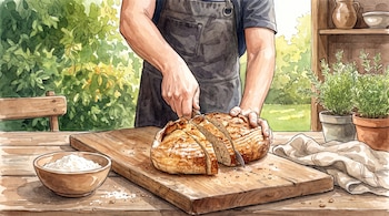 Ilustración en acuarela de un hombre cortando una hogaza de pan sobre una tabla de madera junto a un tazón con harina y plantas.