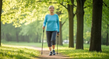 Mujer adulta de cabello corto y vestimenta deportiva camina en un parque verde con dos bastones de marcha nórdica en una senda.