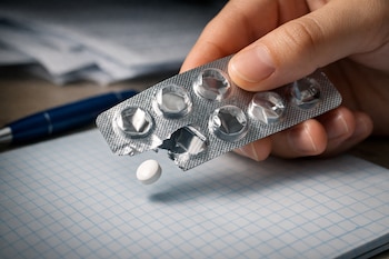 Mano sosteniendo un blíster de clonazepam, una pastilla blanca flotando sobre un cuaderno escolar cuadriculado con un bolígrafo azul desenfocado detrás.