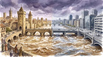 Una ciudad medieval y una ciudad moderna comparten un río desbordado y un cielo tormentoso en una imagen dividida.