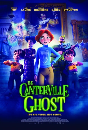 Afiche con personajes animados, una joven pelirroja, su familia y un espectro flotante, con el título The Canterville Ghost