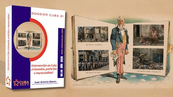 Una carátula del Informe Cuba Siglo 21 junto a un libro abierto con la figura del Tío Sam observando imágenes de deterioro urbano, largas filas y pobreza en Cuba