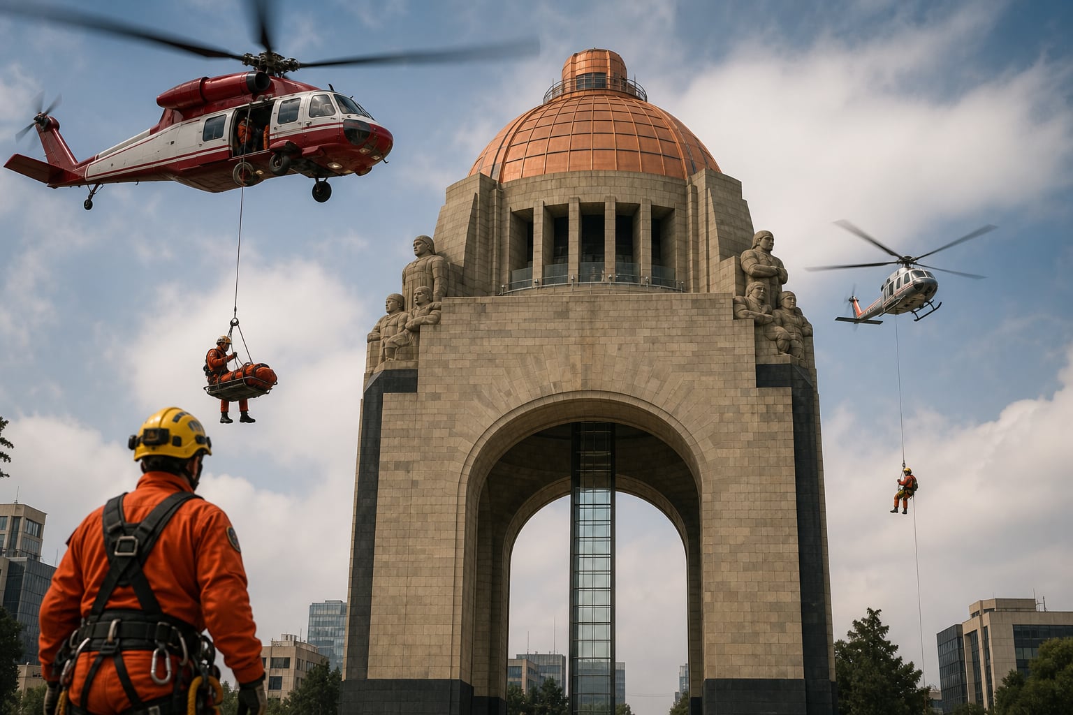Equipos de emergencia realizan maniobras de rescate con helicópteros y descenso en cable en el Monumento a la Revolución de la Ciudad de México. (Imagen Ilustrativa Infobae)