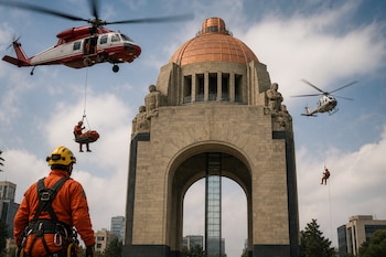 Helicópteros y rescatistas con trajes naranjas realizan descensos en cable junto al Monumento a la Revolución en la Ciudad de México.