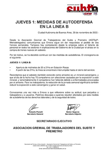 El comunicado de los Metrodelegados