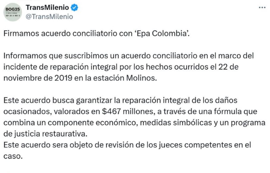 El sistema de trasporte público detalló en que consiste el acuerdo con la empresaria de keratinas - crédito @TransMilenio/ X