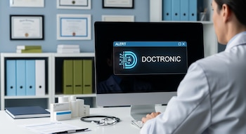 Un médico de espaldas frente a una computadora muestra la interfaz Doctronic con logo IA, un estetoscopio y cajas de medicamentos en el escritorio de un consultorio.