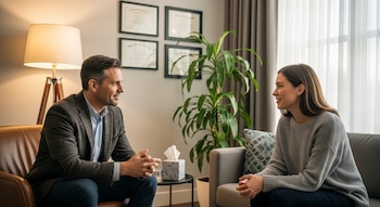 Hombre y mujer sentados frente a frente en un consultorio. Hay una lámpara de pie, una planta, una mesa auxiliar y diplomas en la pared.