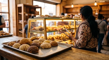 Una charola metálica con conchas de dulce sobre un mostrador de madera y una mujer con pinzas frente a una vitrina con pan.