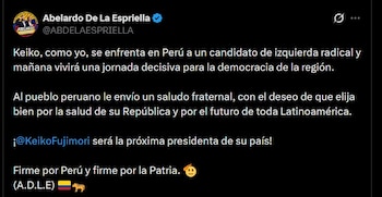 De la Espriella propuso una agenda bilateral entre Colombia y Perú para fortalecer el comercio, defender las libertades y combatir el crimen organizado - crédito @ABDELAESPRIELLA / X