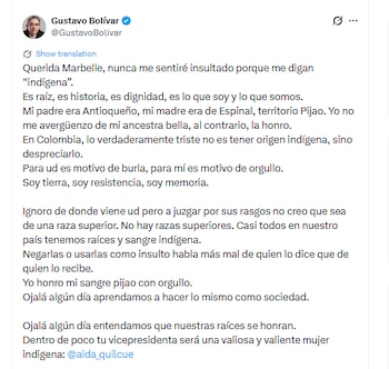 Gustavo Bolívar le dedicó unas palabras a Marbelle tras insultarlo - crédito @Gustavo Bolívar/X