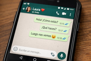 Primer plano de un celular con la pantalla mostrando un chat de WhatsApp con mensajes enviados a 'Laura', los cuales tienen el doble check azul visible.