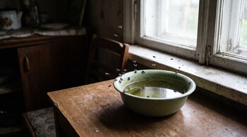 Un recipiente verde con agua estancada y varias mosquitas volando a su alrededor sobre una mesa junto a una ventana.
