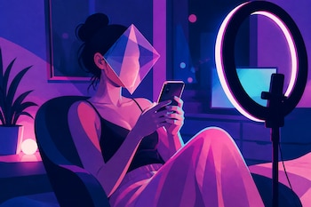 Ilustración de una mujer sosteniendo un teléfono frente a un aro de luz, con un prisma en el rostro en una habitación iluminada con neón.