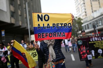 Un manifestante sostiene una bandera