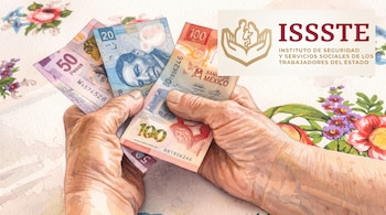 Ilustración de dos manos que sostienen billetes de 50, 20 y 100 pesos mexicanos al lado del logotipo institucional del ISSSTE.