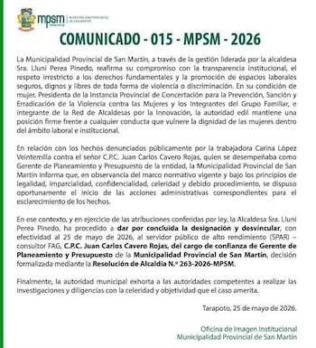 El gerente de Planificación y Presupuesto, Juan Cavero Rojas, fue separado de su cargo mientras avanzan las investigaciones por acoso sexual.