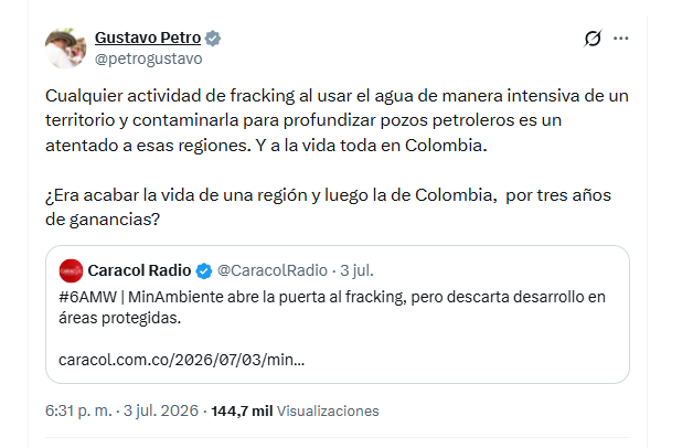 El presidente Gustavo Petro advirtió que el fracking contamina el agua - crédito @petrogustavo/X